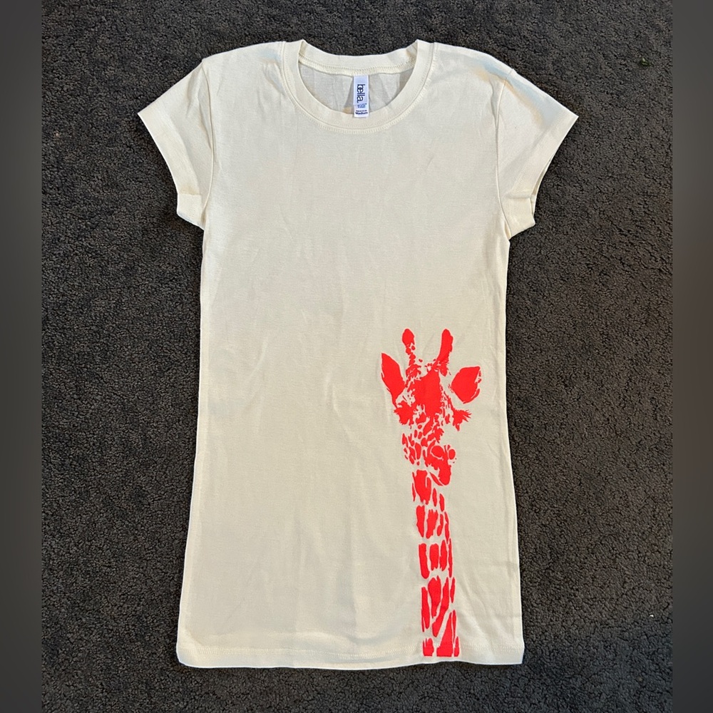 Brand new, Cream Tee with Bright Neon Red Giraffe Print